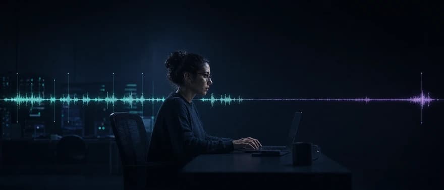Engineer tracing a long-tail delay across a voice waveform