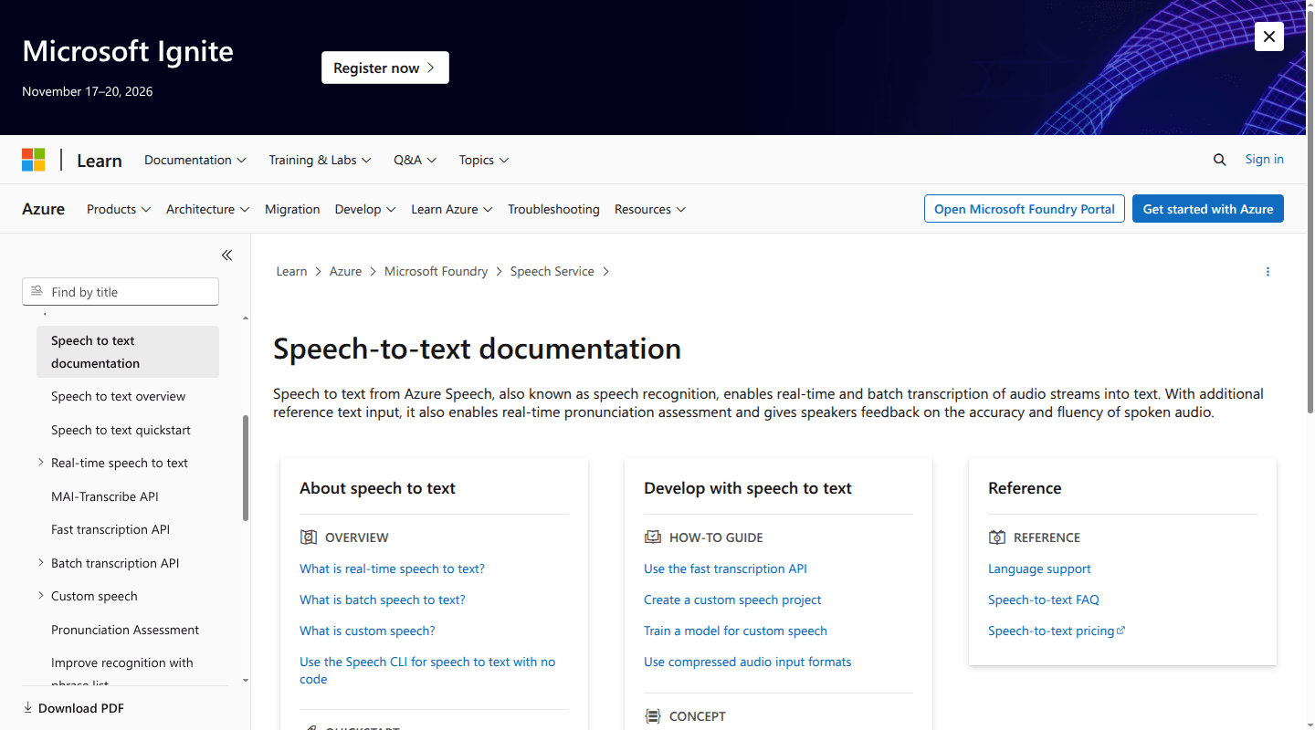 Azure Speech-to-Text documentation for real-time, fast, batch, and custom speech