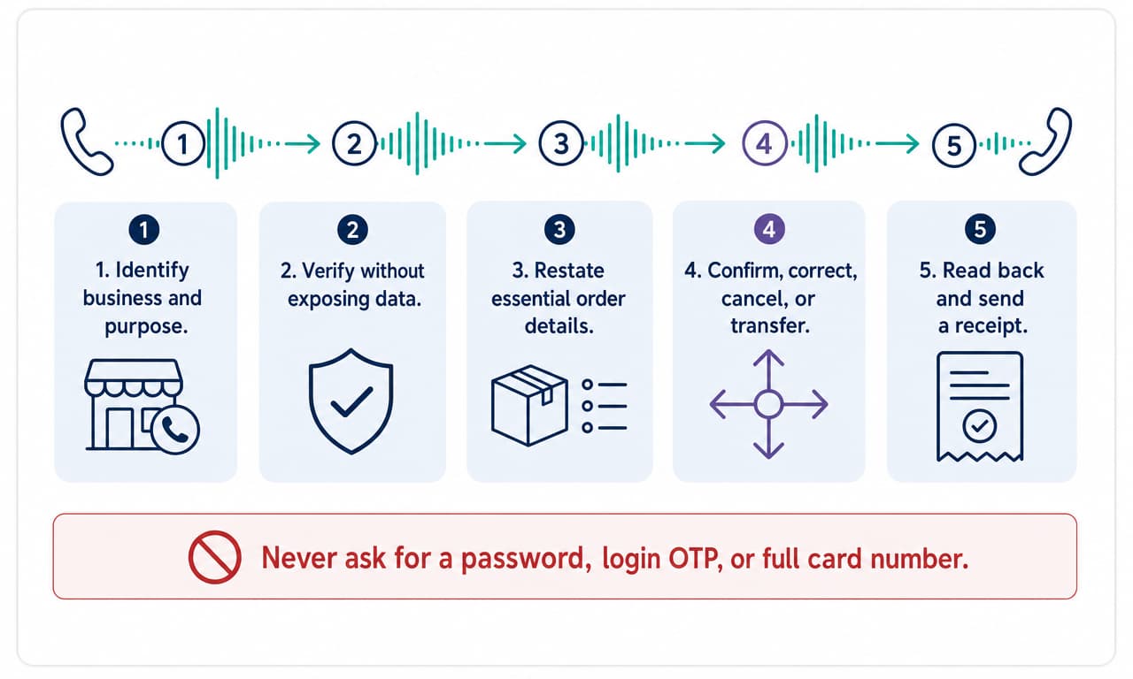 Five-step safe order confirmation call sequence: identify, verify, restate, decide, and send a receipt