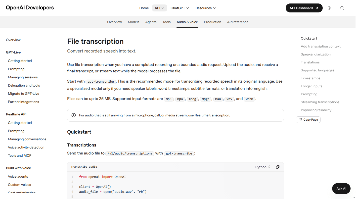 OpenAI speech-to-text documentation showing gpt-transcribe and supported upload formats