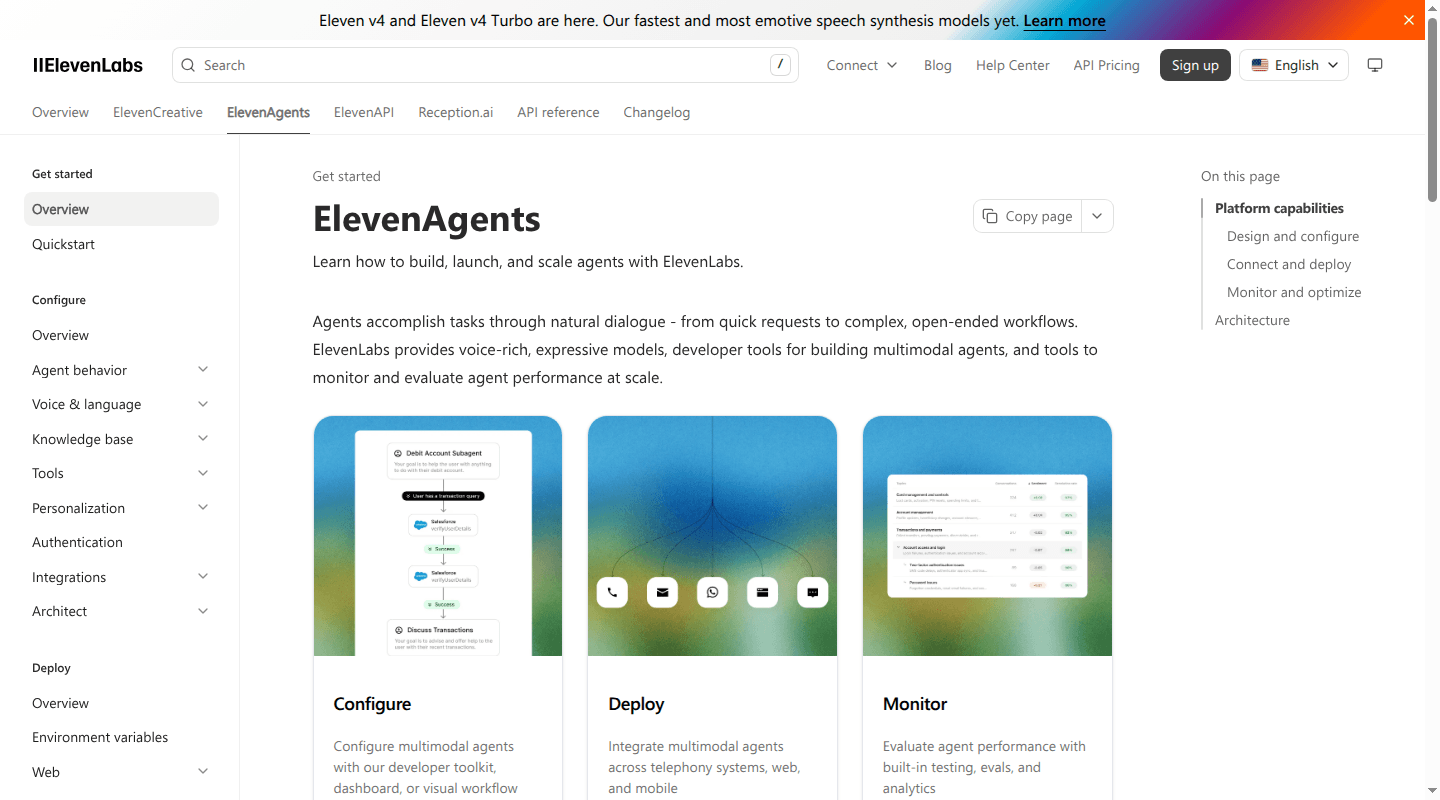 ElevenLabs documentation showing the ElevenAgents platform