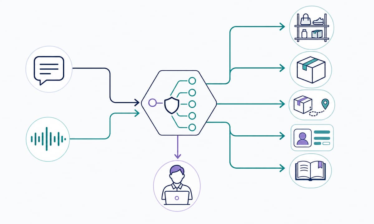 Text and voice requests pass through guarded orchestration to catalog, inventory, orders, customer data, policies, and human support