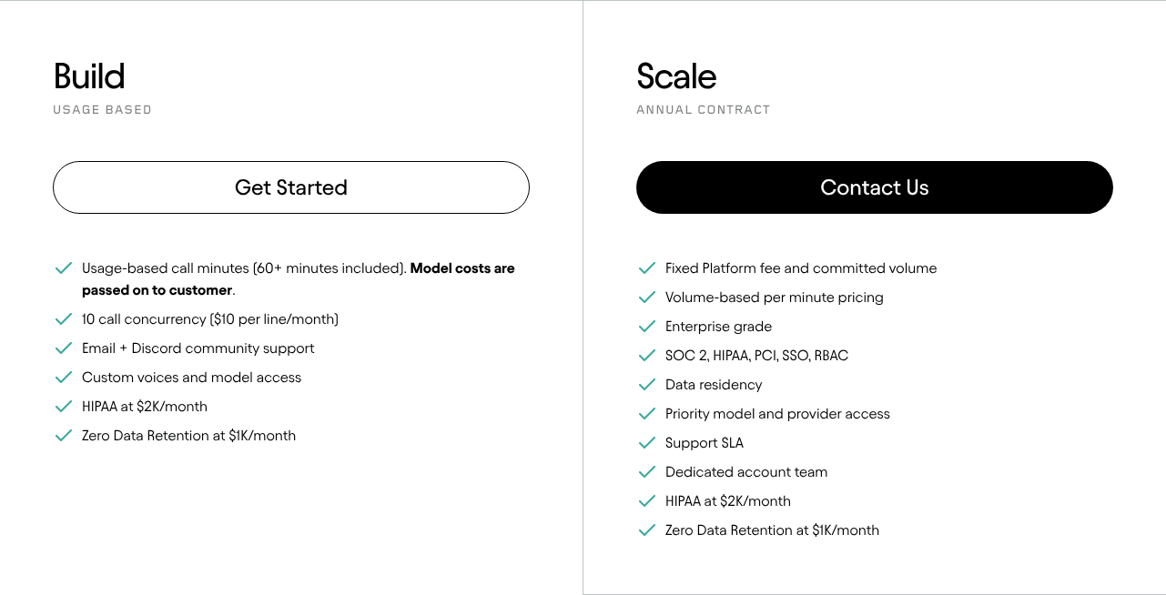 Vapi pricing page showing its Build and Scale plans and the components included in the managed platform
