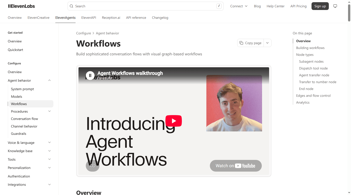 ElevenLabs Workflows documentation with an Agent Workflows walkthrough video