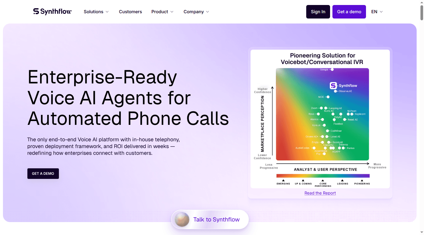 Synthflow homepage presenting its enterprise voice AI platform