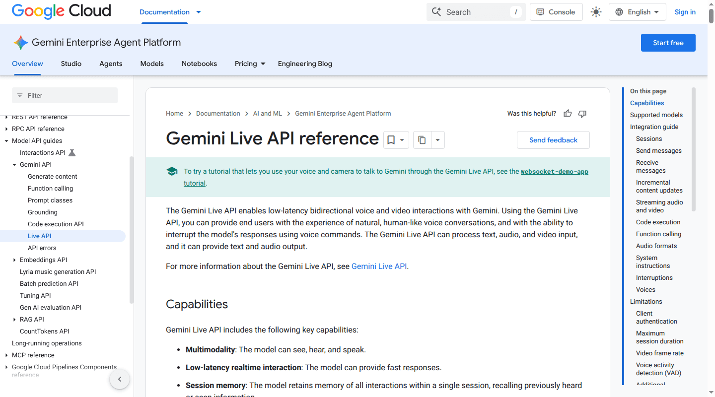 Google Gemini Live API reference showing live audio, video, session, and interruption capabilities