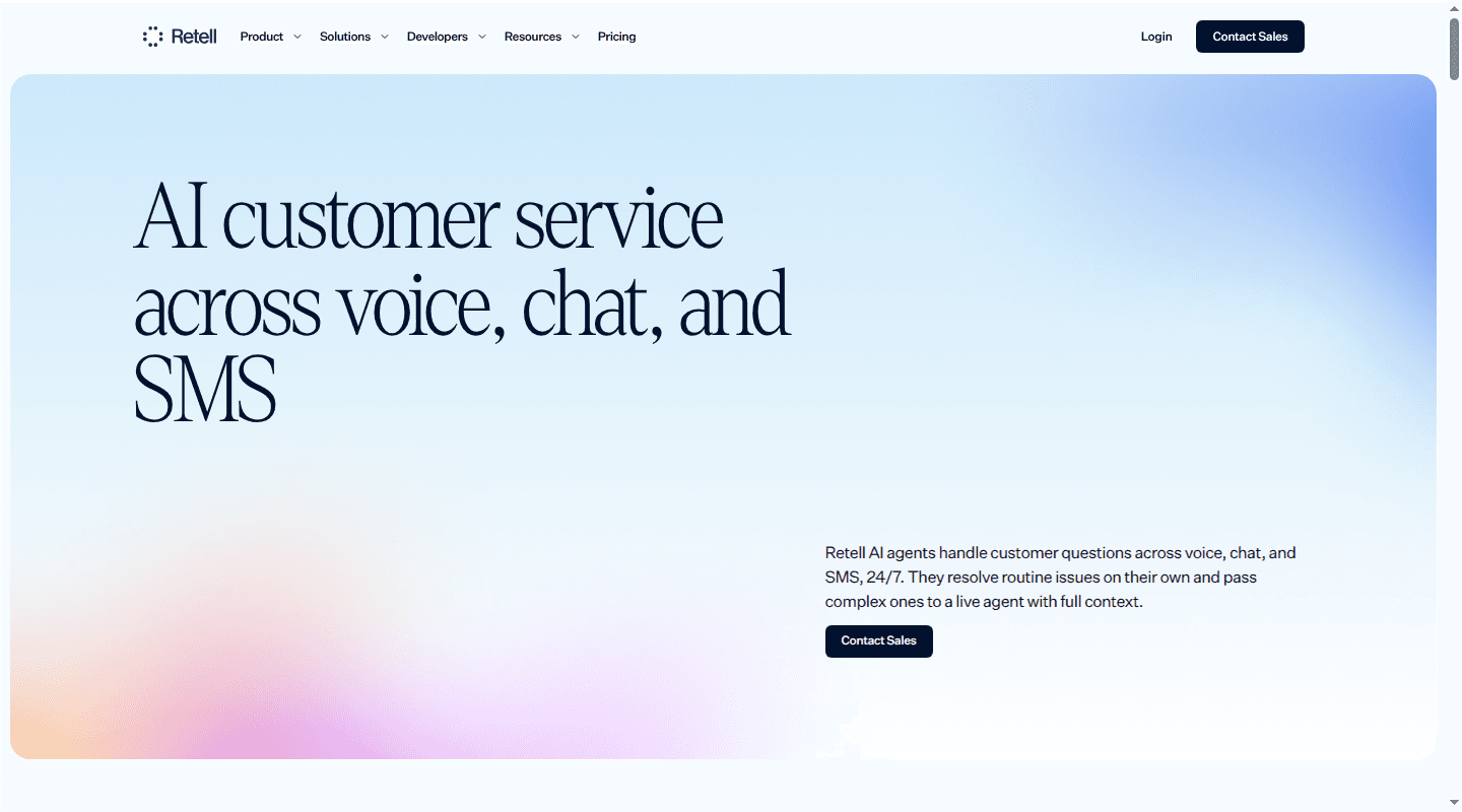 Retell AI customer service product page for voice, chat, and SMS