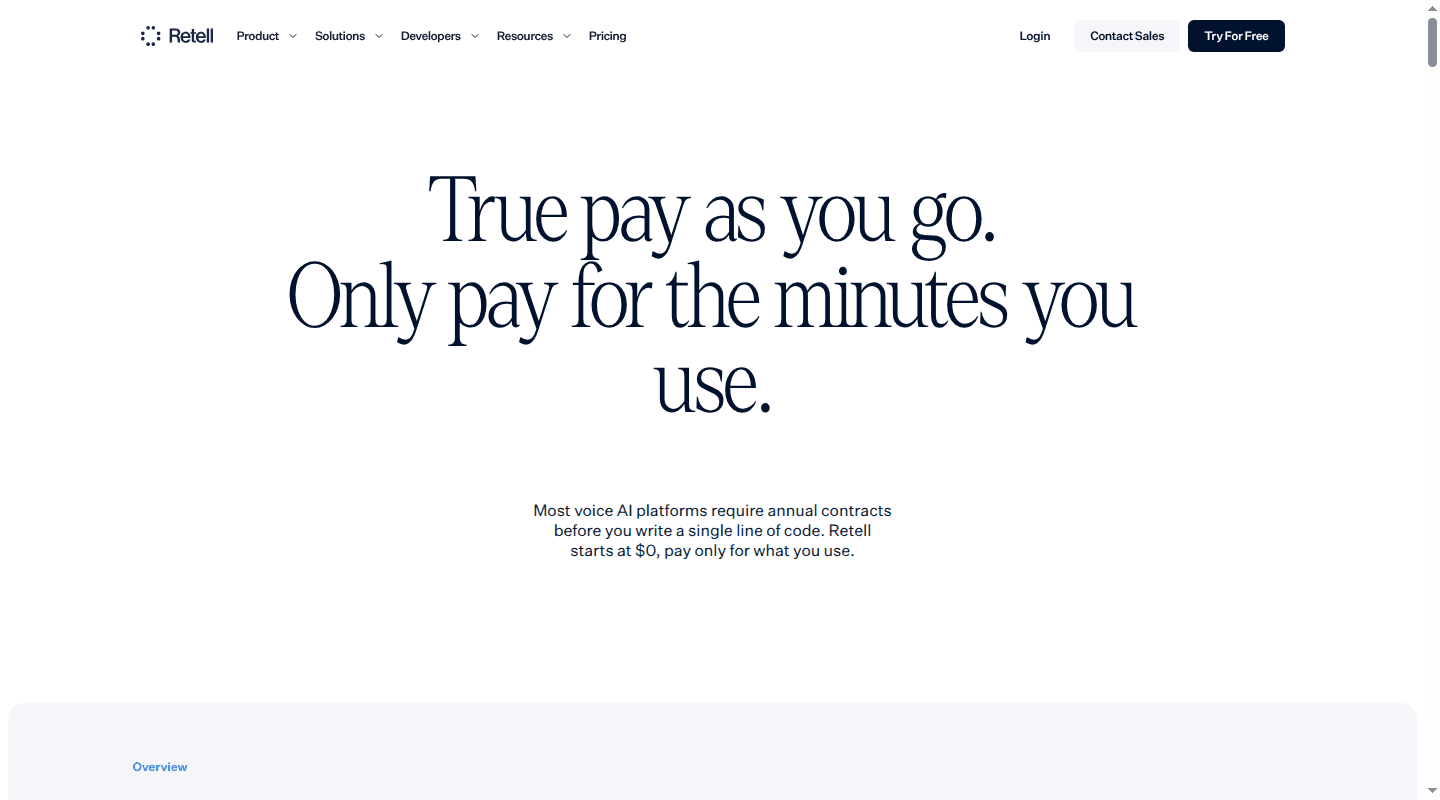 Retell AI pricing page showing its pay-as-you-go voice agent calculator