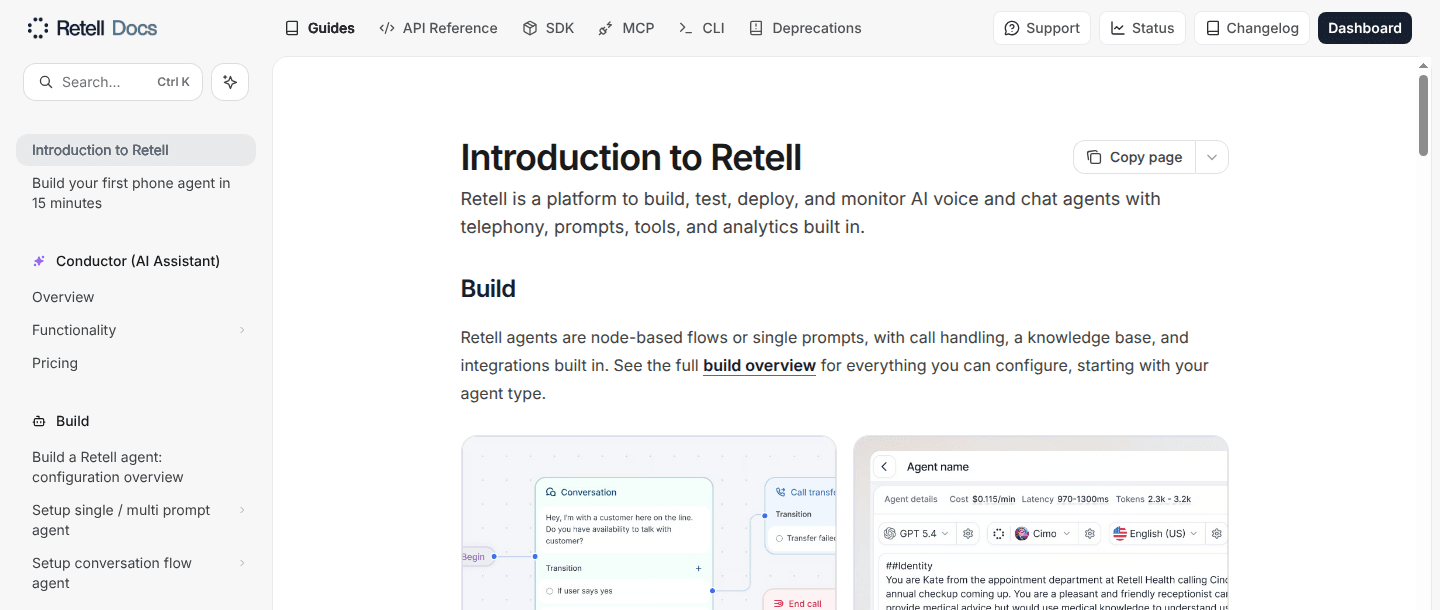 Retell documentation showing prompt and conversation-flow agent options