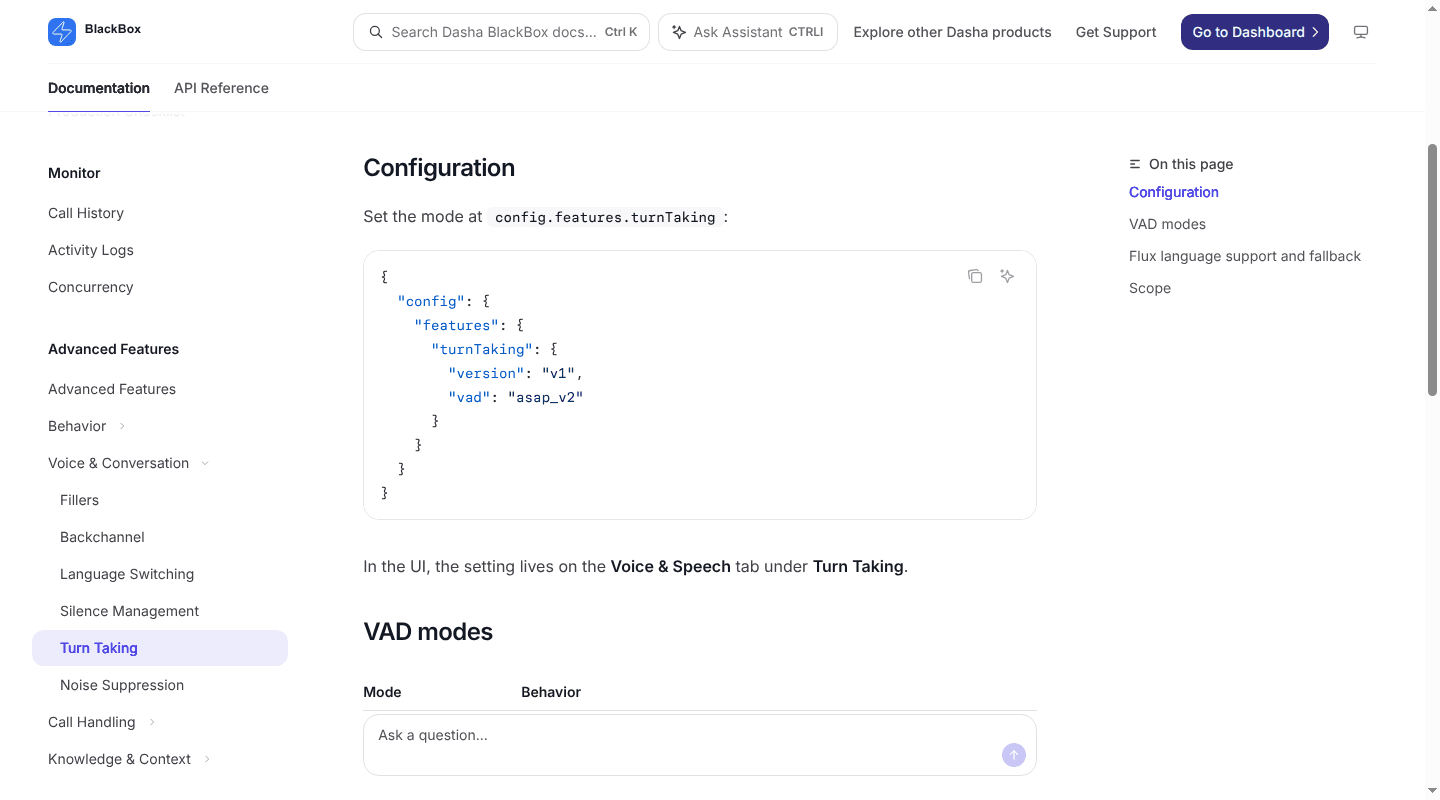 Dasha documentation showing turn-taking configuration and the default VAD mode