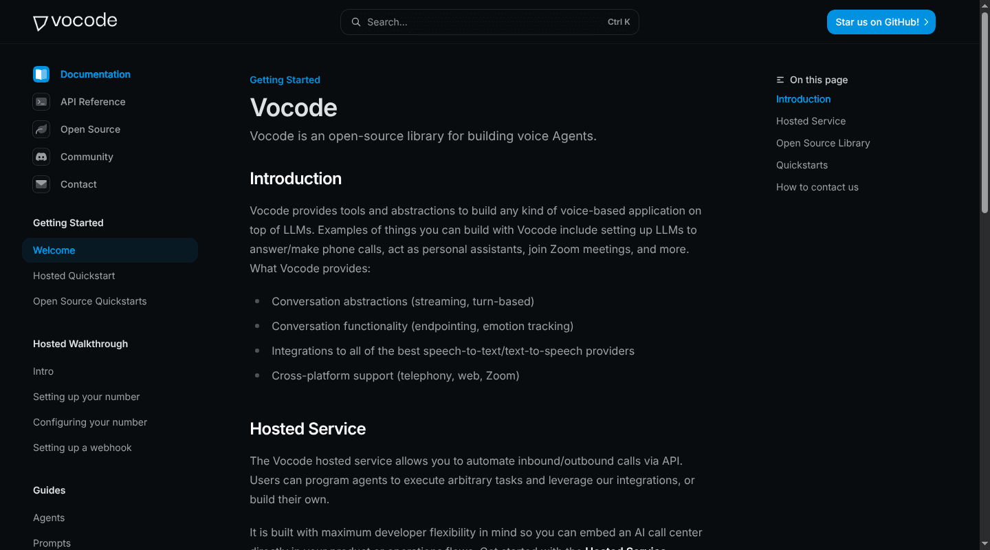 Vocode documentation for its open-source voice agent library