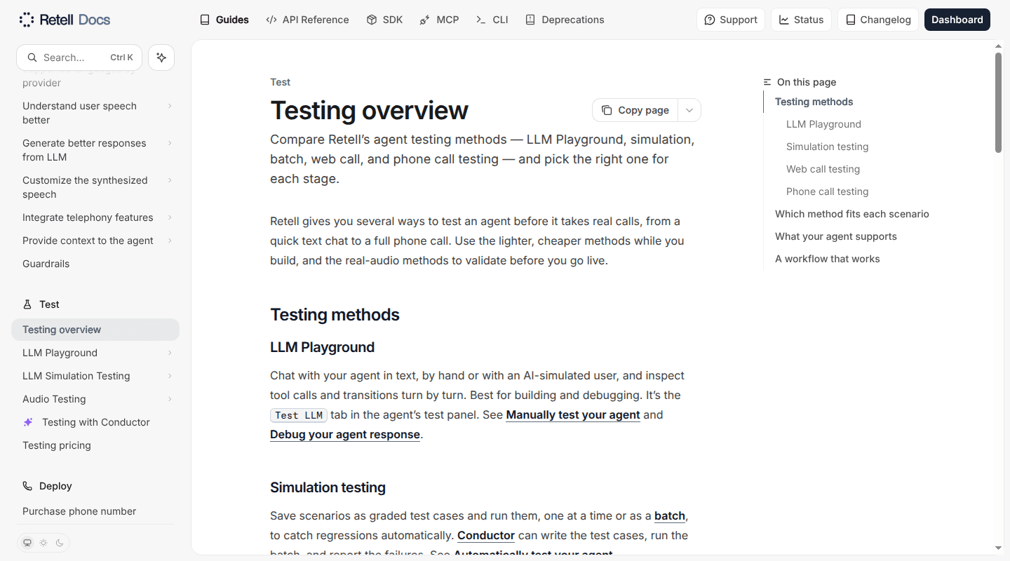 Retell AI documentation comparing agent testing methods