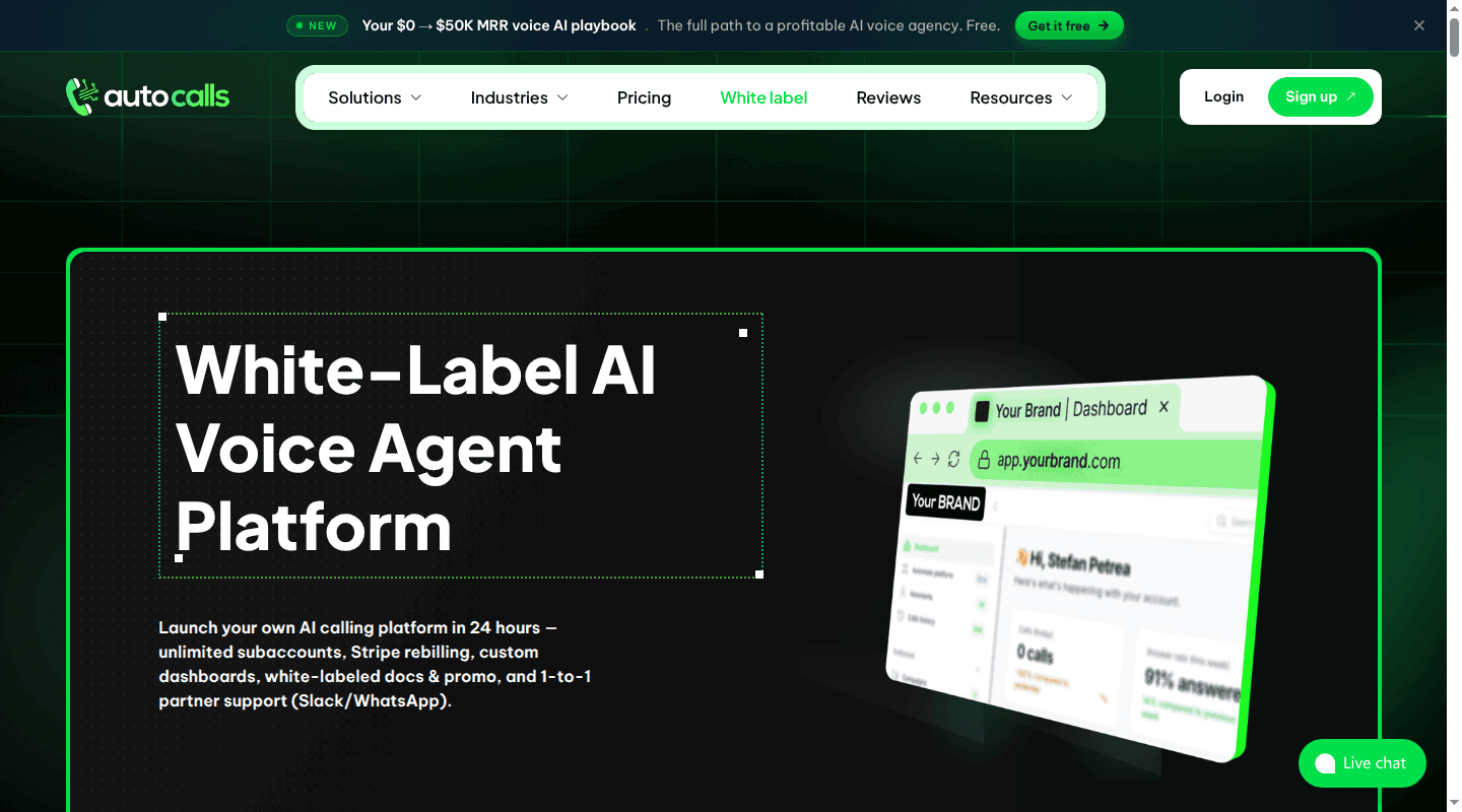 Autocalls white-label AI voice agent platform page