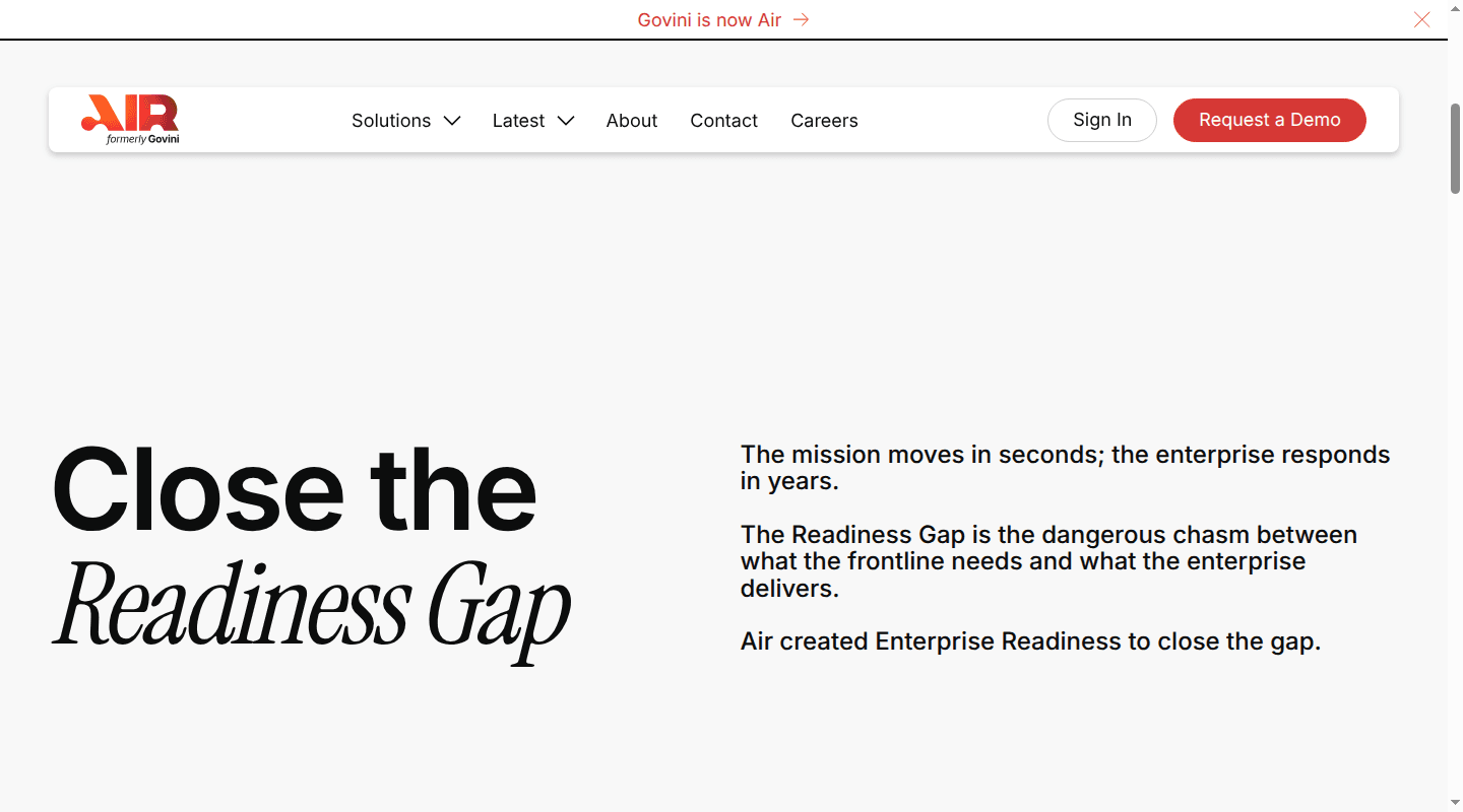 Current air.ai homepage for the unrelated Air enterprise-readiness platform