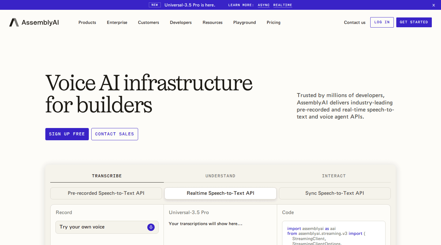 AssemblyAI speech-to-text API homepage