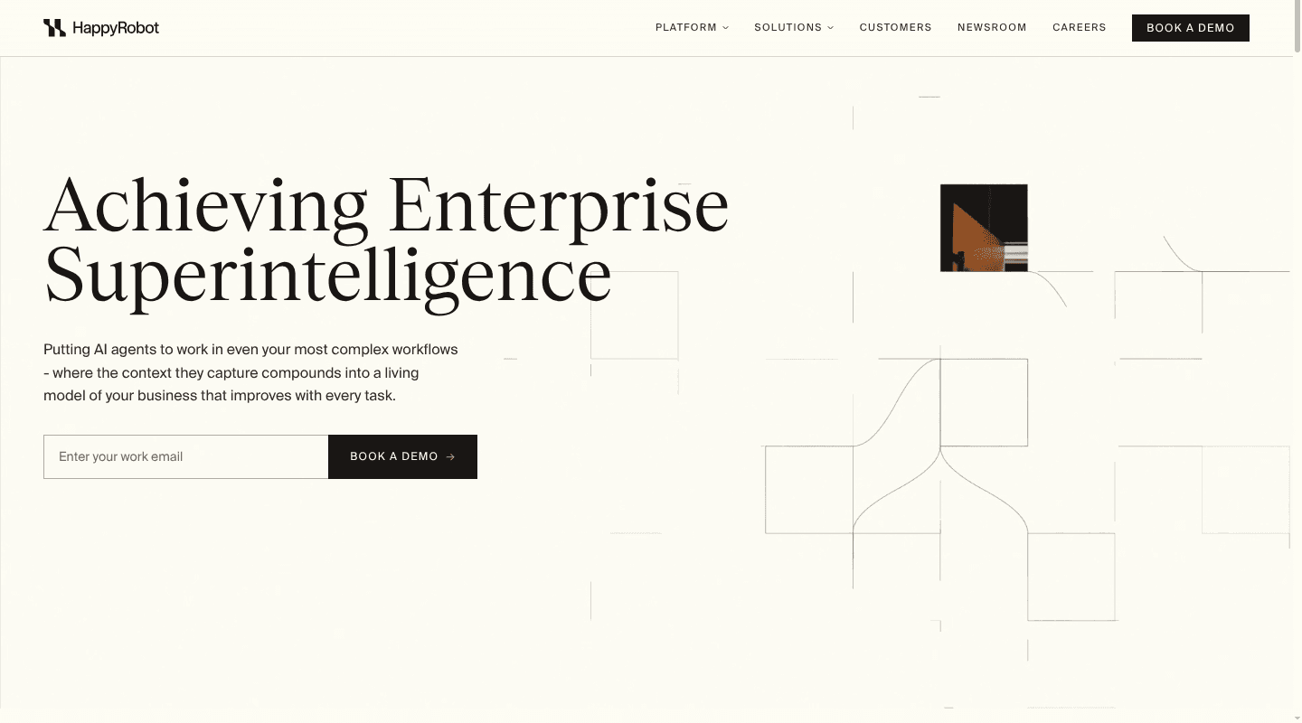 HappyRobot homepage presenting its enterprise agent platform