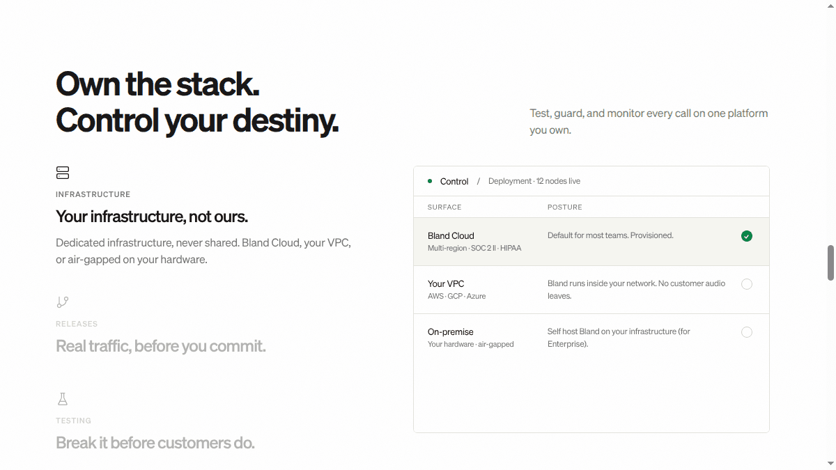 Bland AI website showing its enterprise voice agent platform