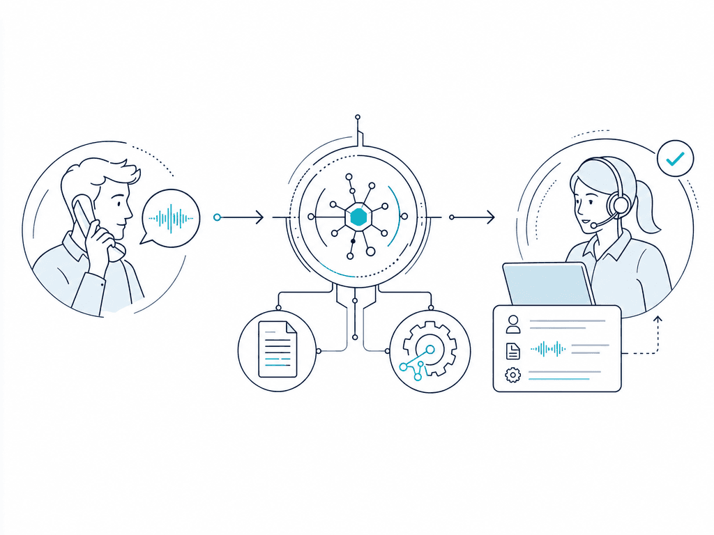 Customer call routed through an AI support system with knowledge and tools before a human handoff.