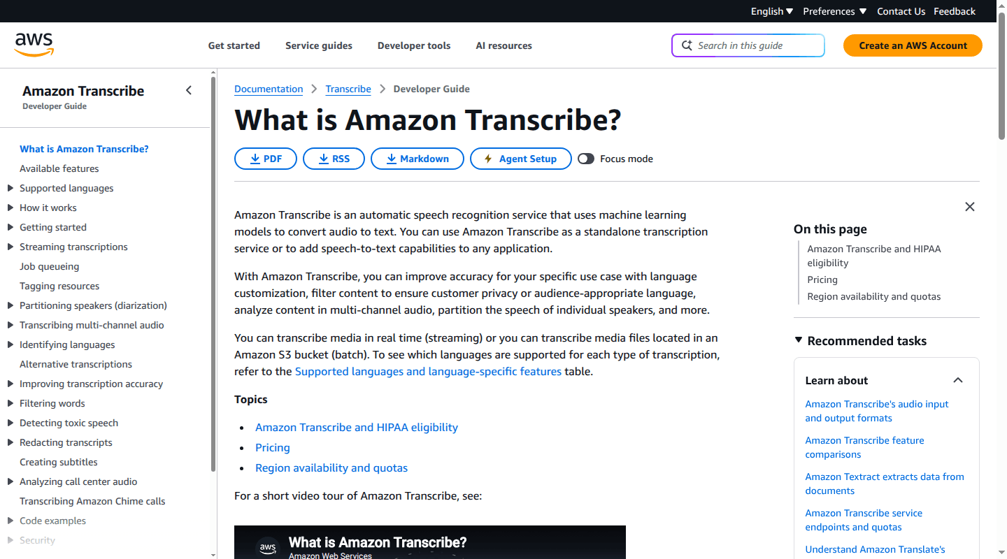 Amazon Transcribe developer guide and feature navigation