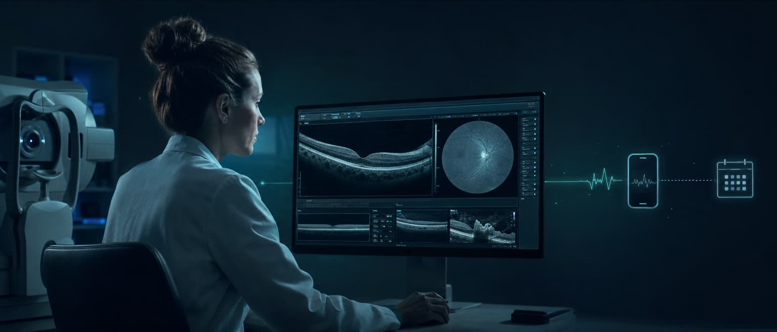 Ophthalmologist reviewing retinal images beside a connected scheduling workflow