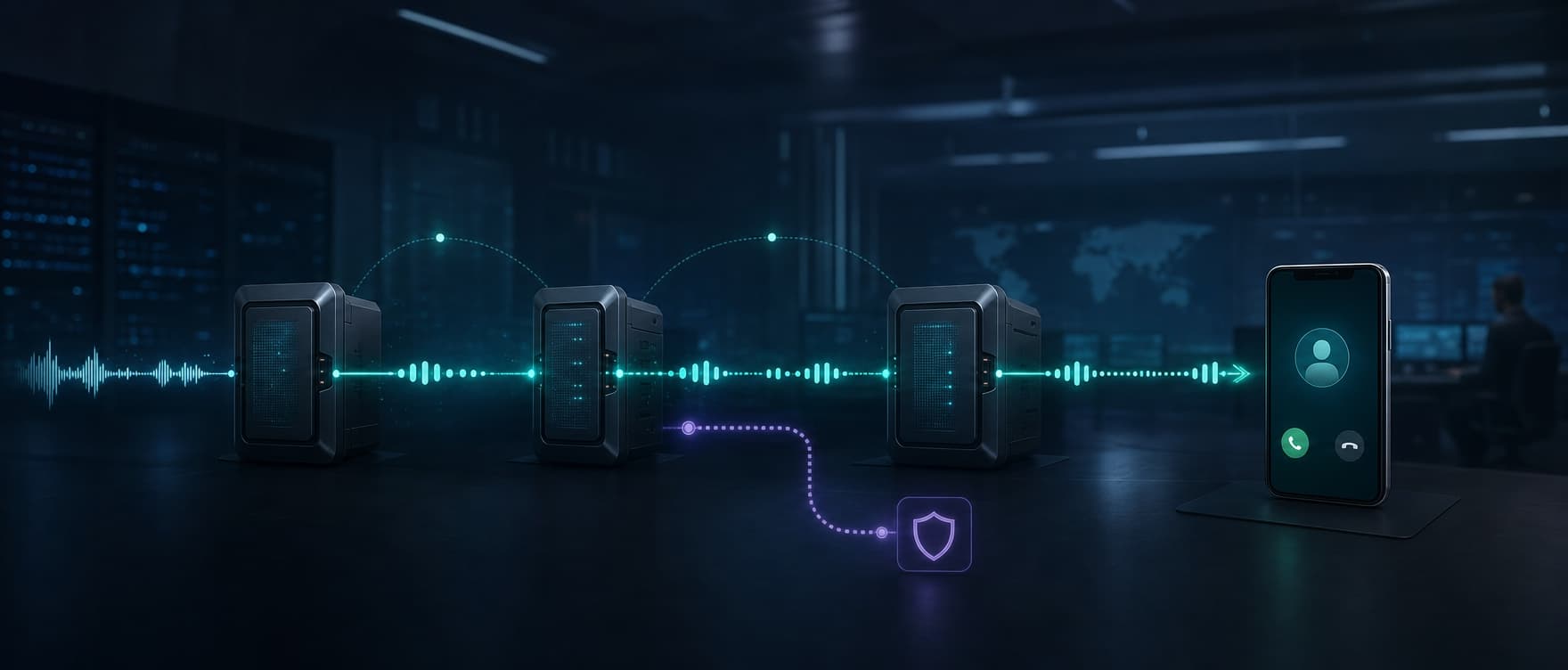 A phone-number identity signal moving through a VoIP call path