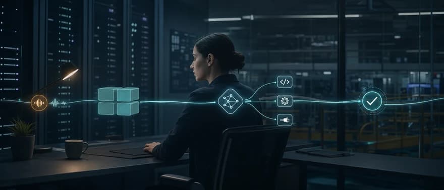 Engineer monitoring an AI agent event moving through state, tool execution, and observability layers.