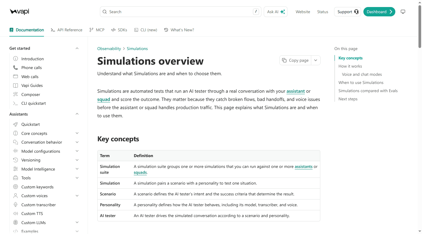 Vapi documentation explaining voice agent simulations