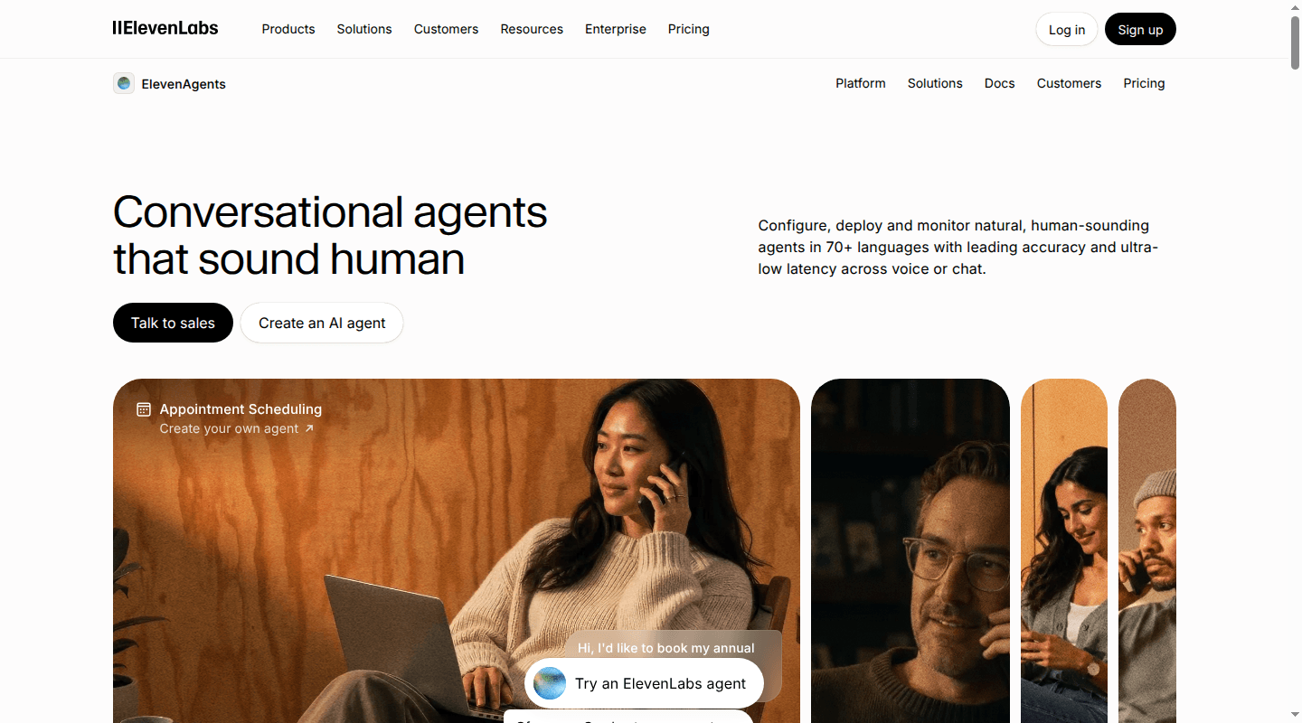 ElevenAgents homepage showing conversational agents and an appointment-scheduling call example