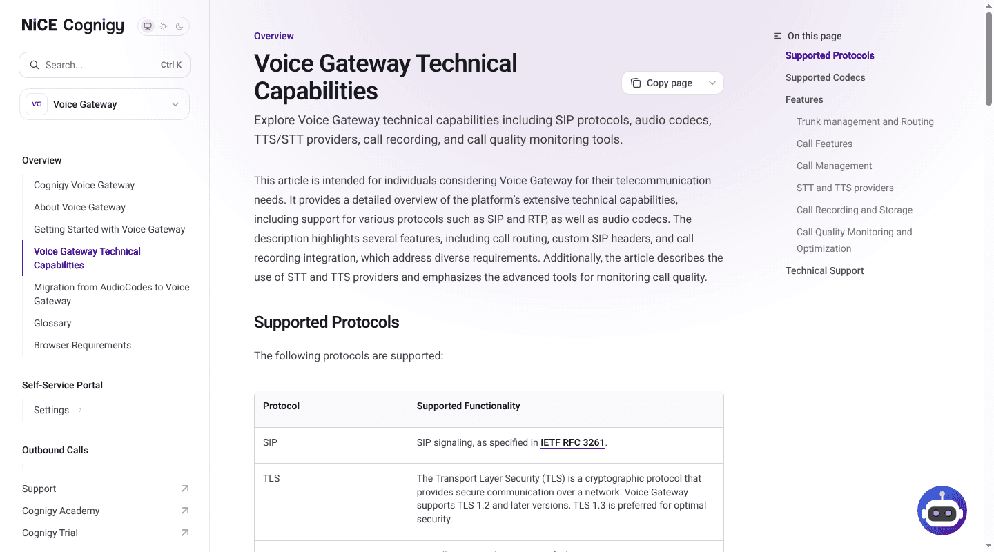 Cognigy documentation outlining Voice Gateway protocols and call-quality capabilities