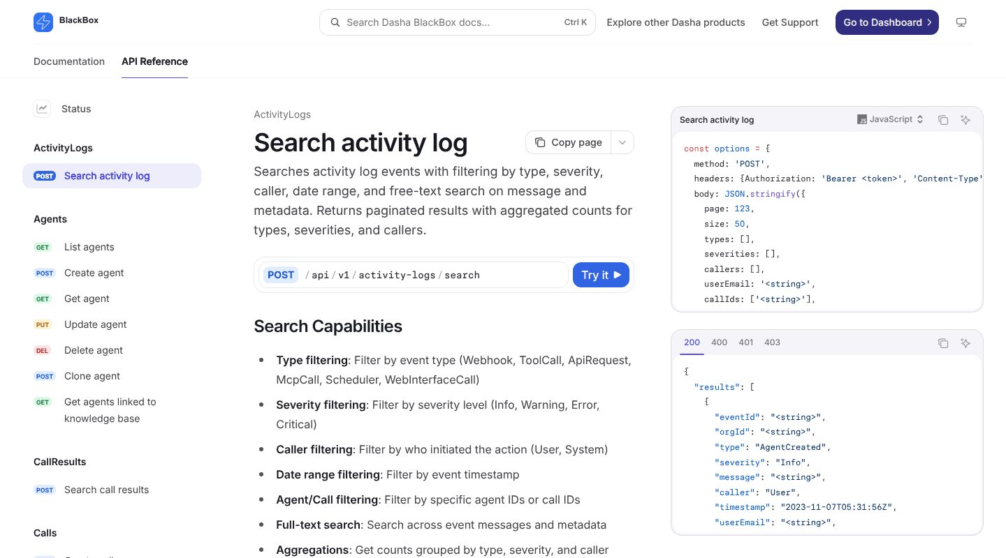Dasha activity log API reference