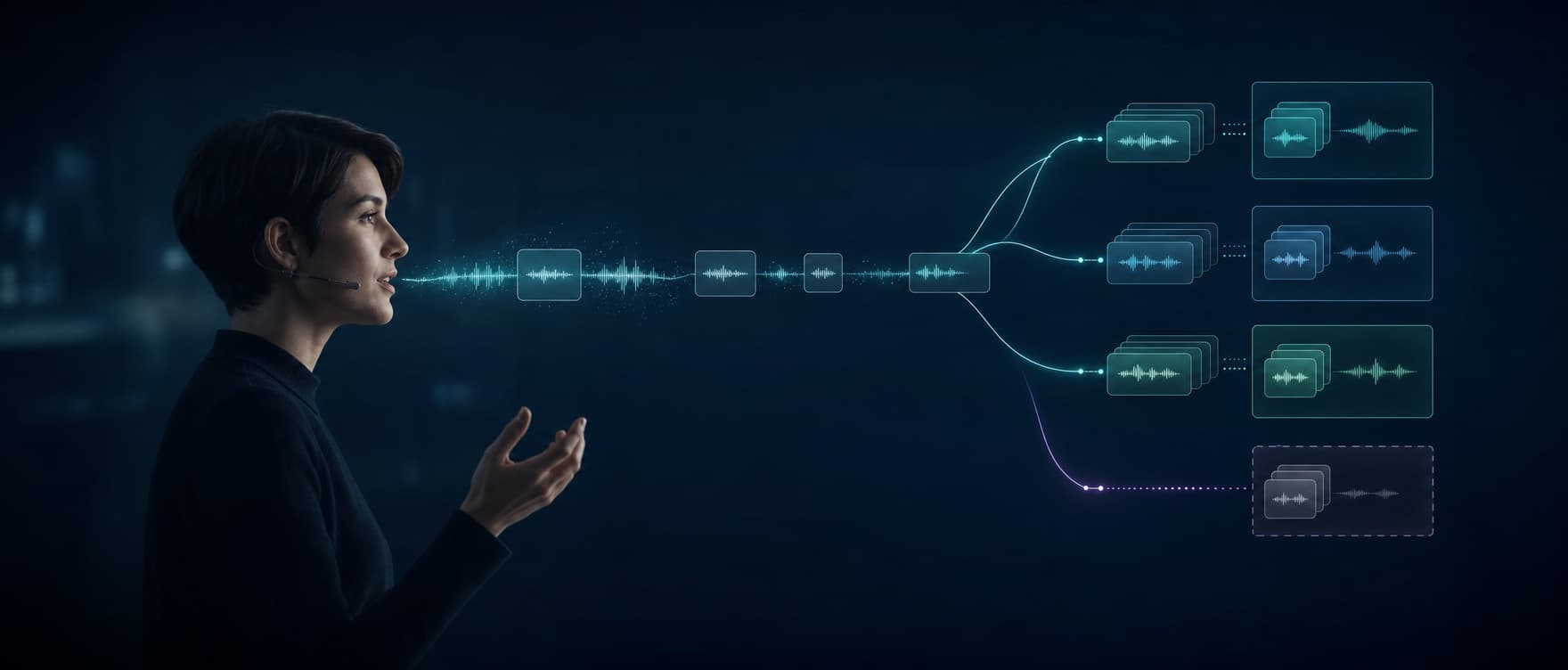 Spoken requests moving through labeled intent groups and an out-of-scope path