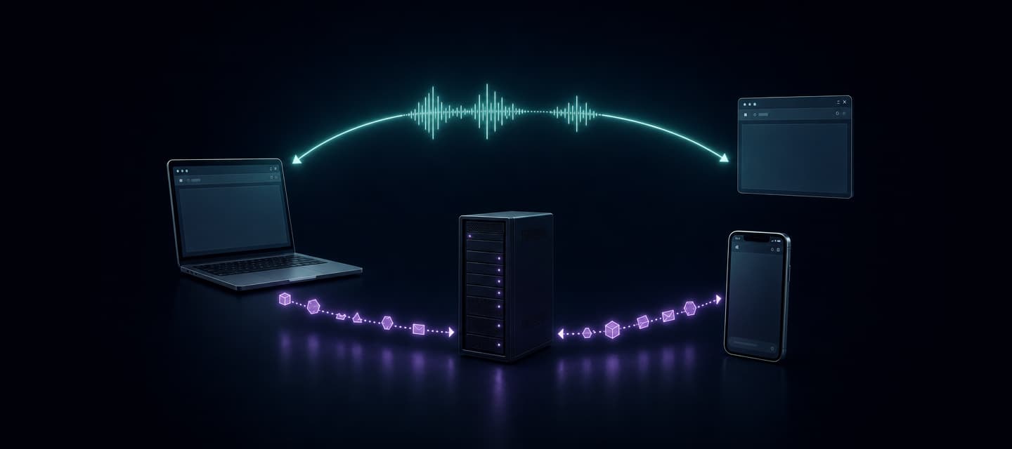 Two real-time communication paths connecting browsers, peers, and a server.