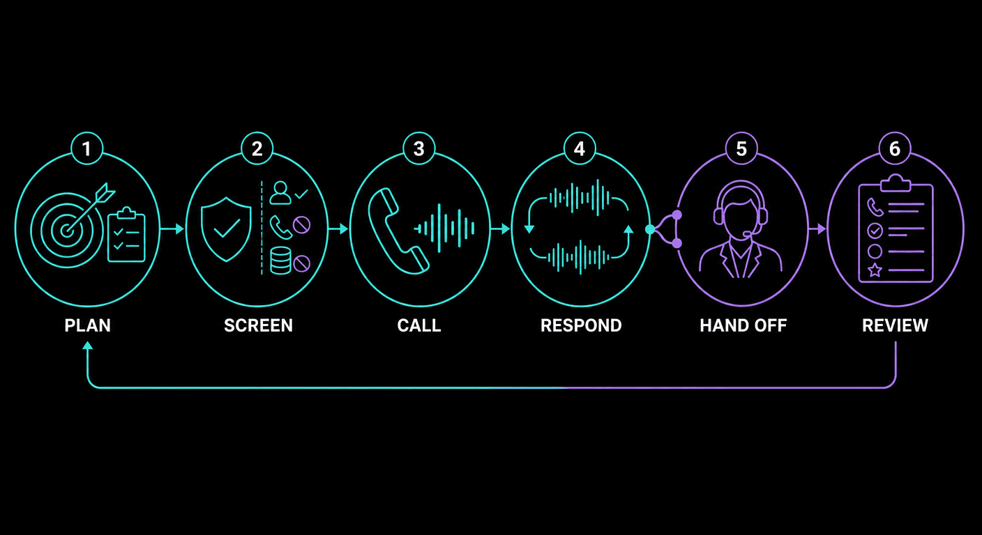 Six-stage AI cold calling workflow: plan, screen, call, respond, hand off, and review.