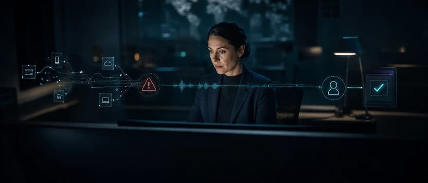 A fraud-risk signal moving through a voice workflow to human review