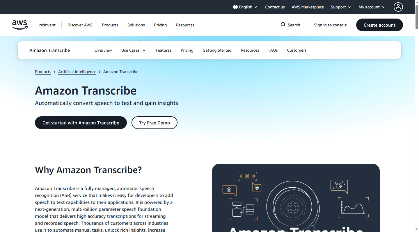 Amazon Transcribe product page showing its speech-to-text workflow and AWS integrations