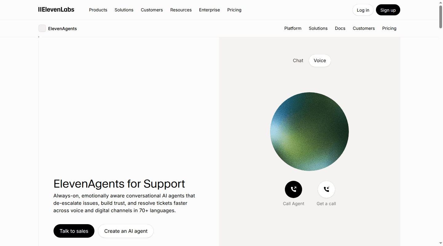 ElevenAgents for Support customer service page