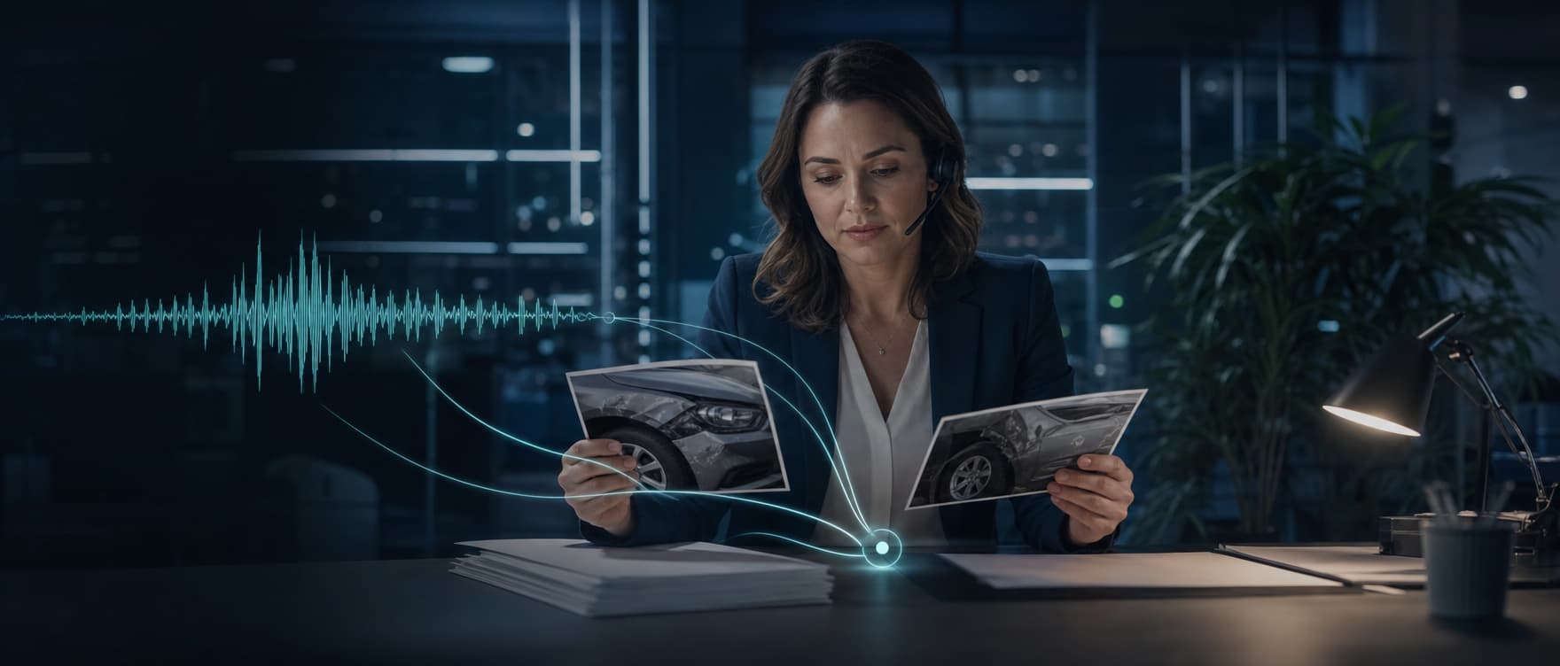 Claims professional reviewing vehicle damage evidence during a voice call