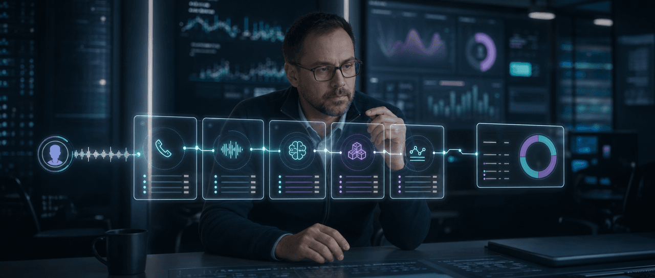 Technical product leader reviewing the connected cost layers of a live AI voice agent