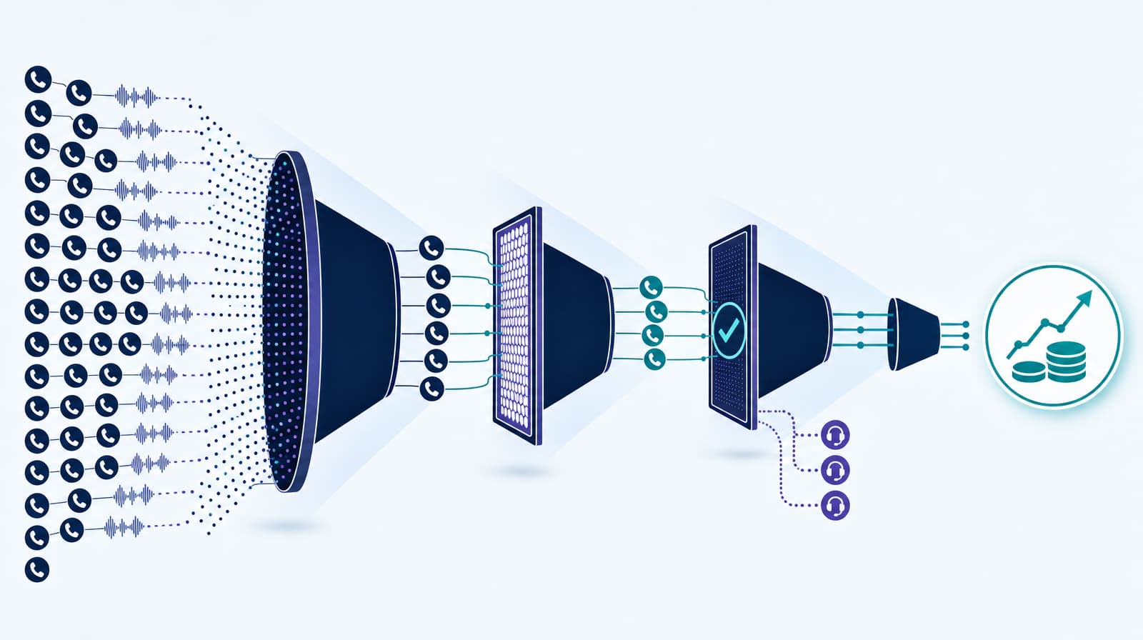 Voice AI cost-benefit funnel from call demand through verified outcomes and realized value