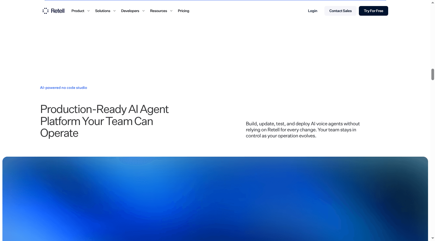 Retell AI website showing its agent build, test, and deployment platform