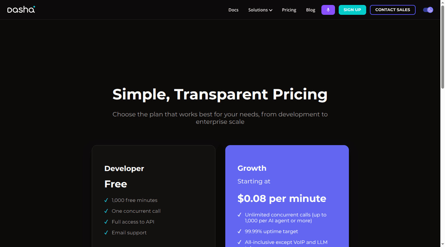 Dasha pricing page showing Developer and Growth plans
