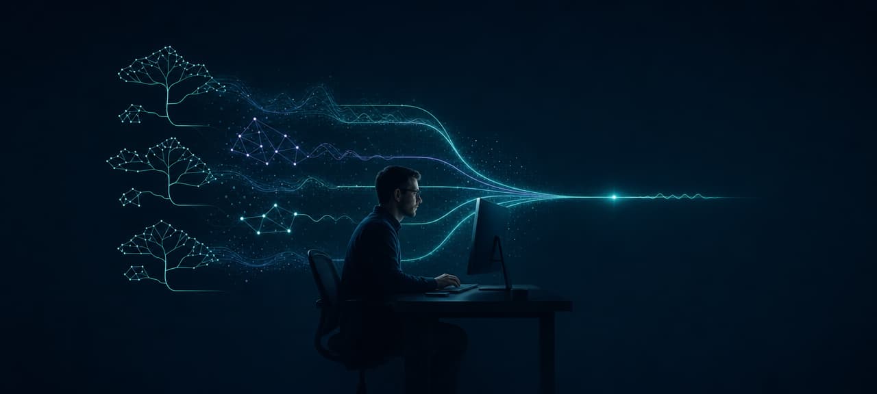 Multiple machine learning model paths converging into one prediction.