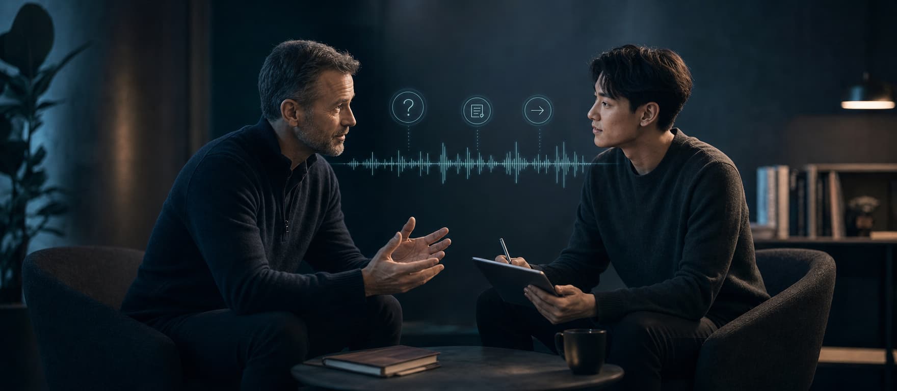 A professional reflects with a human mentor while an AI voice interface organizes questions and next steps
