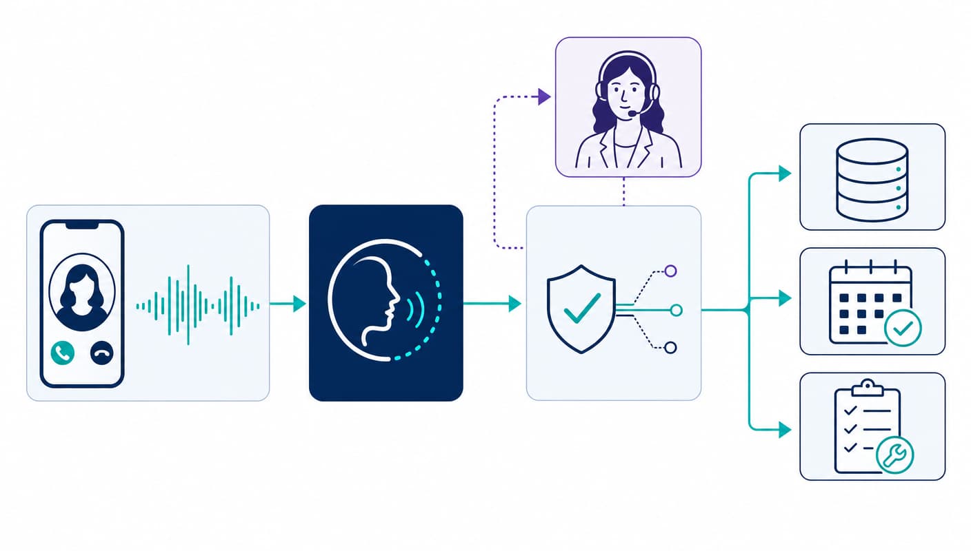 Property management AI agent flow through a voice runtime, policy gate, human handoff, and approved systems.