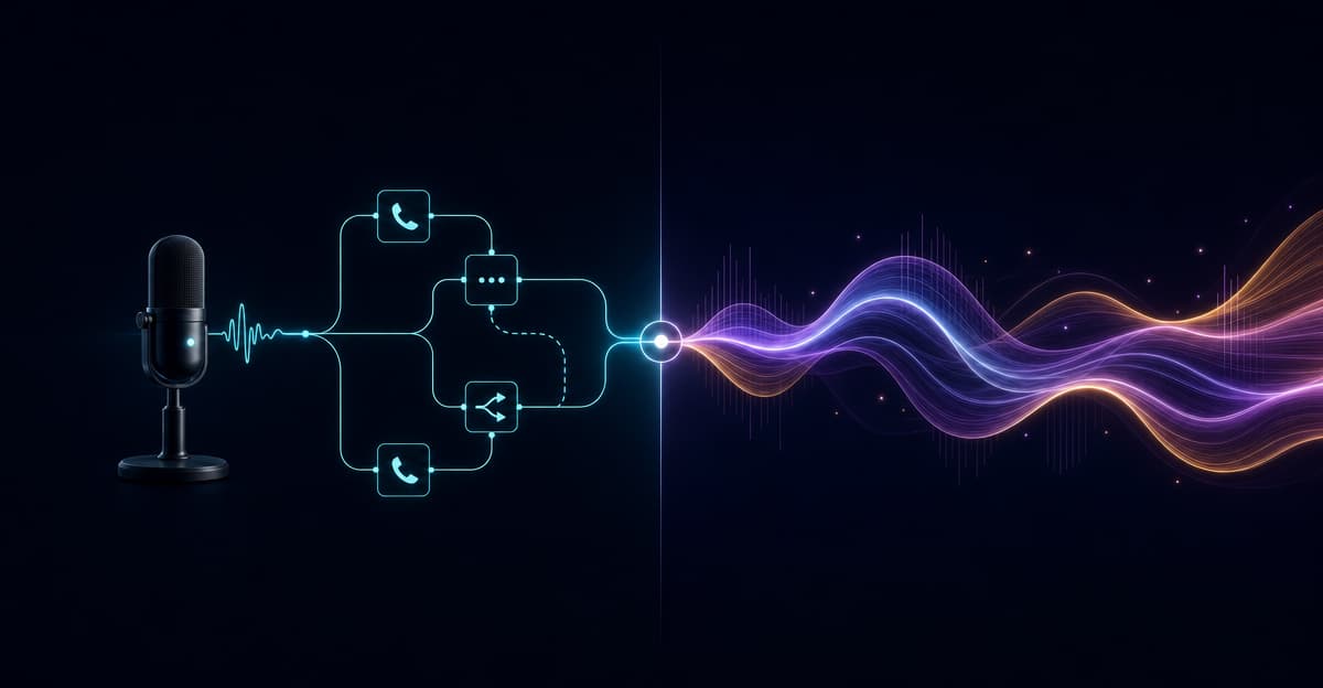 A glowing microphone feeds a branching call flow that converges into a layered voice waveform.