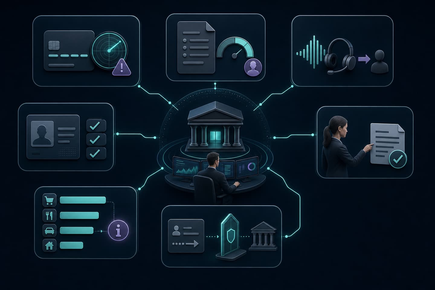 Seven practical applications of AI around a bank-controlled operations hub: anomaly monitoring, credit support, customer service, identity-document operations, employee assistance, spending insights, and payment preparation.