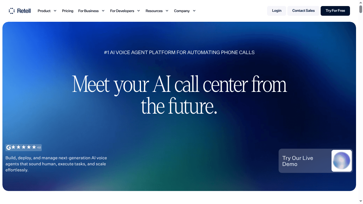 Retell AI website showing its voice agent platform