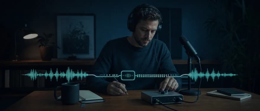 Audio waveform encoded as data and decoded beside an engineer