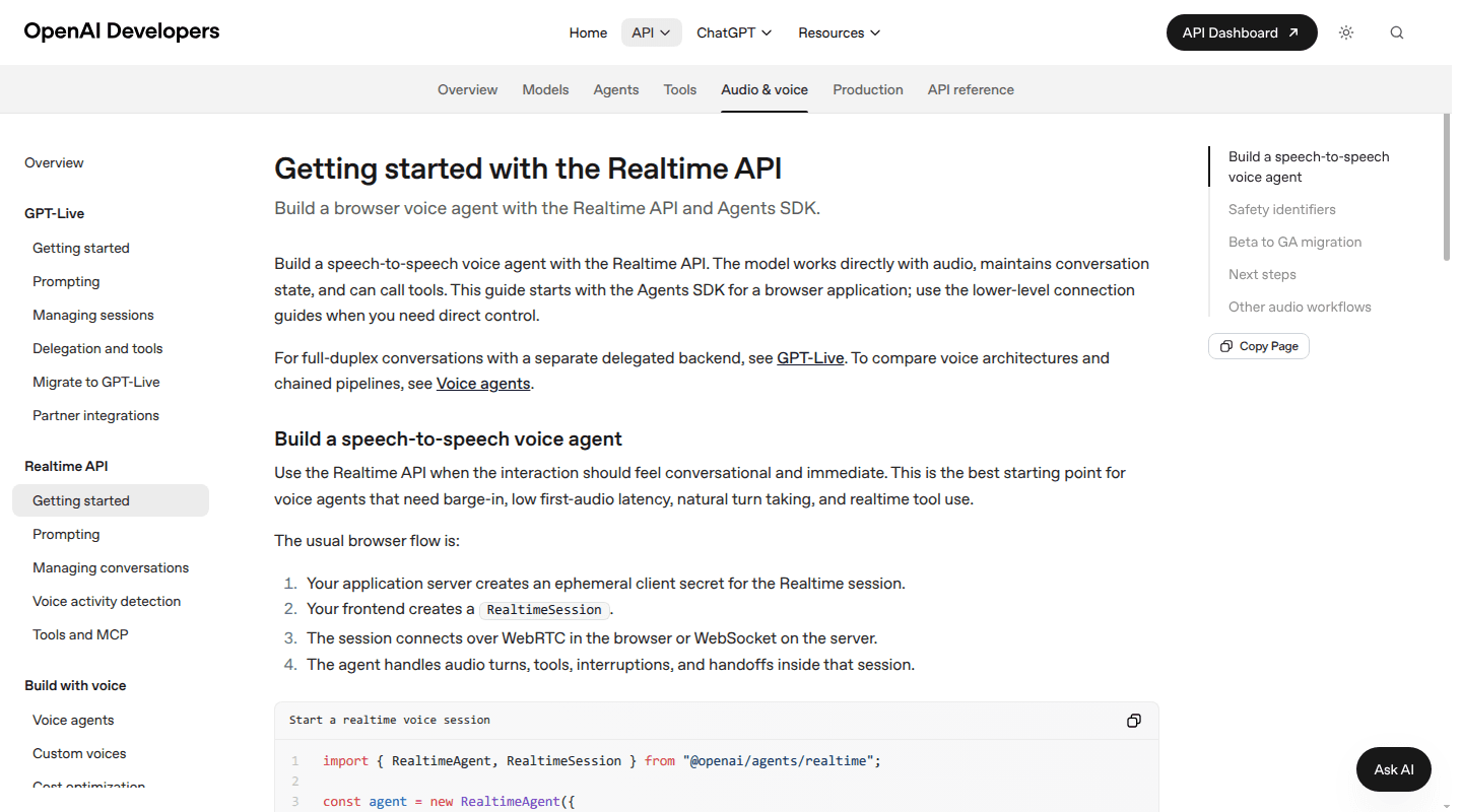 OpenAI Realtime API documentation showing its direct-audio session boundary