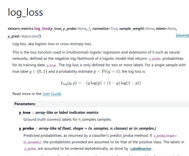 scikit-learn log_loss API showing its formula and probability inputs